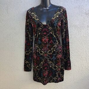 Long Sleeve Velvet Mini Dress in Black Floral